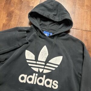 Adidas Men Sweatshirt M Black Trefoil Hoodie Logo Graphic‎ Drawstring Pullover